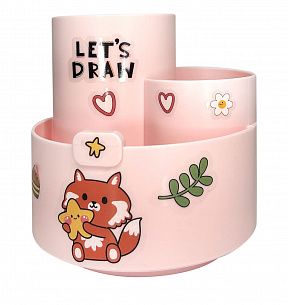 Подставка для канцелярских принадлежностей LOREX KIDS STICKERS WHITLY вращающаяся, 3 отд. 160х105х115 мм розовый пластик, с наклейками