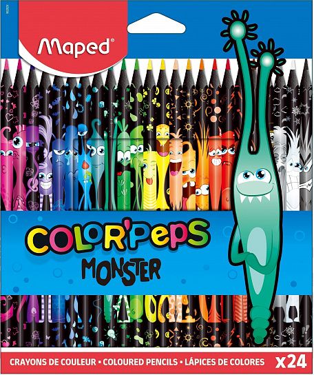 Карандаши цветные MAPED COLOR'PEPS BLACK MONSTER  пластиковые, 24 цветов, трехгранные, декорированные, в картонной коробке с подвесом