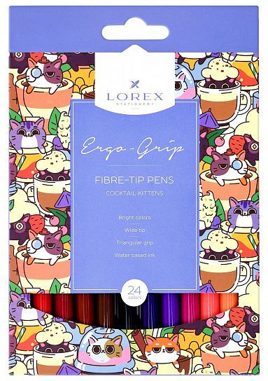 Фломастеры LOREX ERGO-GRIP COCKTAIL KITTENS 24 цветов, с трехгранным захватом, картонная упаковка