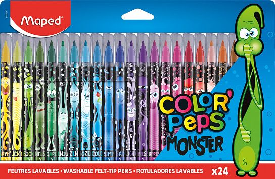 Фломастеры MAPED COLOR'PEPS MONSTER с заблокированным пишущим узлом, средний пишущий узел, смываемые, декорированные, в картонном футляре, 24 цвета