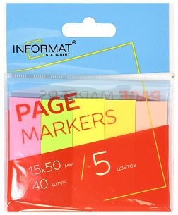 Закладки клейкие бумажные INFORMAT 5 цветов по 40 листов, 15х50 мм