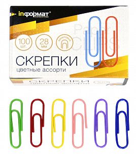 Скрепки INFORMAT 28 мм 100 шт., классические с цветным полимерным покрытием, картонная упаковка