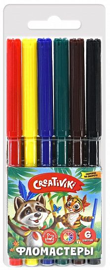 Фломастеры Creativiki классические 6 цв. круглый корпус, легкосмываемые, блистер