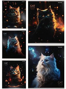 Тетрадь 48 л. А5 клетка, на скрепке, офсет Проф-пресс КОТИКИ И ОГОНЬКИ мелованный картон, глиттер