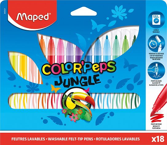 Фломастеры MAPED JUNGLE с заблокированным пишущим узлом, средний пишущий узел, смываемые, в картонном футляре, 18 цветов
