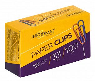 Скрепки INFORMAT 33 мм 100 шт., классические с  цветным виниловым покрытием, картонная упаковка