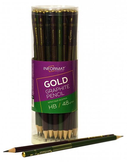 Карандаш чернографитный деревянный INFORMAT GOLD НВ заточенный, круглый, принт на корпусе, тубус