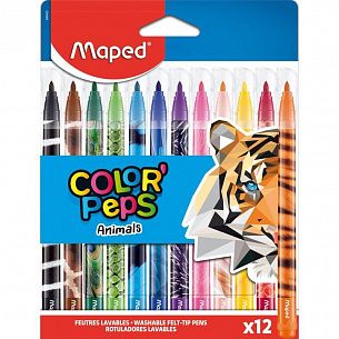 Фломастеры MAPED ANIMALS классические 12 цв. круглый корпус , принт на корпусе, картонная упаковка