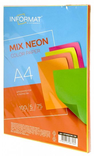 Бумага цветная для печати INFORMAT NEON MIX А4 5 цветов по 20 л неон ассорти