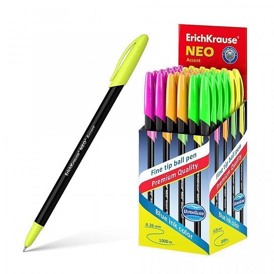 Ручка шариковая ErichKrause Neo Accent синяя 0,7 мм, черный круглый корпус, игольчатый наконечник