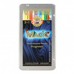 Карандаши цельнографитные многоцветные PROGRESSO MAGIC, 12шт