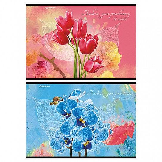 Альбом для рисования 12 л. А4, скрепка ЦВЕТЫ мелованный картон, ВД-лак