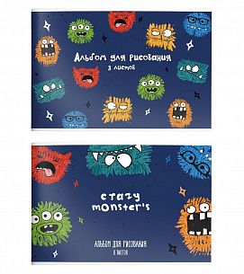 Альбом для рисования Schoolformat 8 л, А4, скрепка CRAZY MONSTERS мелованный картон, ВД-лак