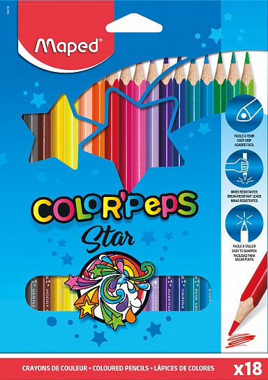 Карандаши цветные MAPED COLOR'PEPS из американской липы, 18 цветов, трехгранные, ударопрочный грифель, в картонном футляре