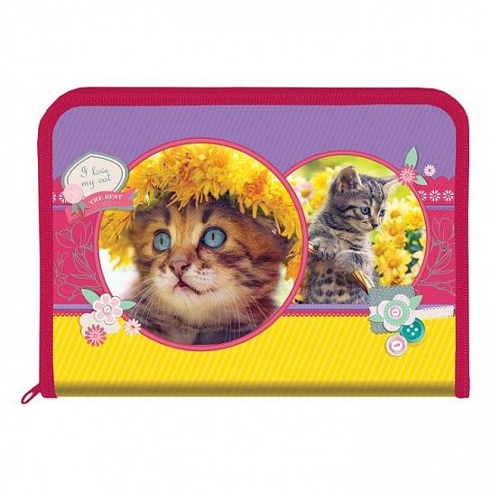 Папка для труда А4 Schoolformat МИЛЫЕ КОТЯТА разноцветная, пластик, полиэстер, молния с 3 сторон, откидная планка, для девочек