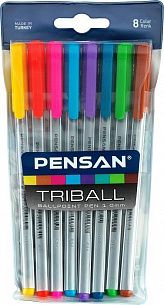 Набор шариковых ручек Pensan TRIBALL ассорти, 8 цветов, 1 мм, 8 шт, круглый корпус, игольчатый наконечник