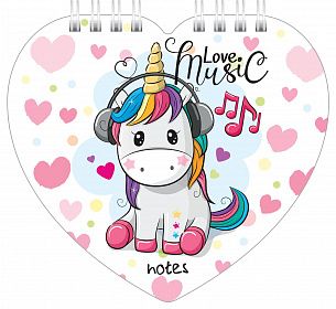 Блокнот А6, 60 л., без линовки, I LOVE MUSIC, гребень, мелованный картон, фигурная высечка
