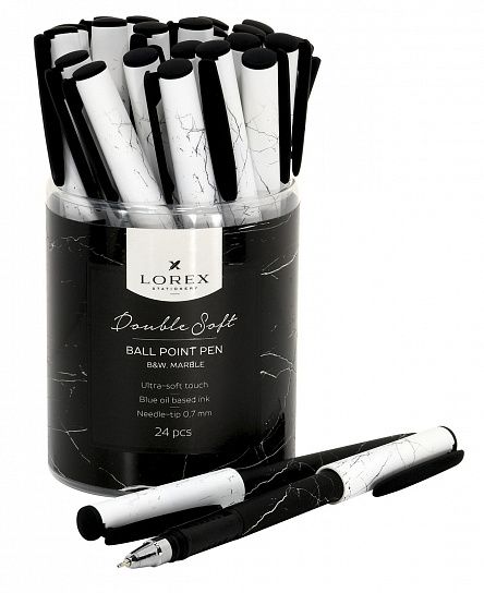 Ручка масляная LOREX B&W.MARBLE Double Soft синяя 0,7 мм, черно-белый круглый корпус, покрытие ultra-soft touch, грип, игольчатый наконечник