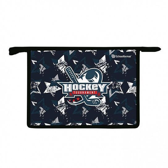 Папка для труда А4 широкая Schoolformat WILD HOCKEY черная, картон, полиэстер, молния сверху, перегородка-органайзер, для мальчиков