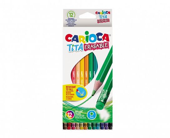 Карандаши цветные CARIOCA TITA  пластиковые, 12 цветов, шестигранные, с ластиком, картонная упаковка