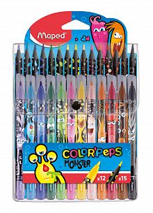 Набор для рисования MAPED COLOR'PEPS MONSTER 12 фломастеров, 15 пластиковых цветных карандашей, декорированный корпус, в футляре