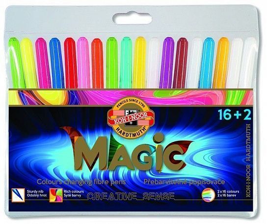 Фломастеры Koh-I-Noor MAGIC стандартные 16 цветов+2 легкосмываемые ПВХ чехол