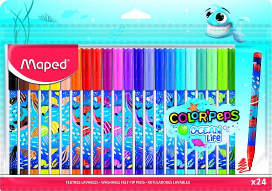 Фломастеры MAPED COLOR'PEPS OCEAN LIFE классические 24 цвета круглый корпус легкосмываемые пакет с европодвесом принт на корпусе