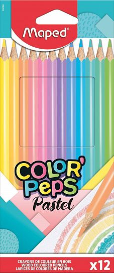 Карандаши цветные MAPED COLOR'PEPS PASTEL из американской липы, 12 цветов, трехгранные, ударопрочный грифель, в картонном футляре, пастельны