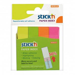 Закладки клейкие бумажные STICK'N неон 4 цвета по 100 листов, 50х12 мм