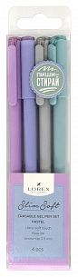 Набор ручек гелевых LOREX PASTEL, серия "Slim Soft", со стираемыми чернилами, круглый прорезиненный корпус, синие чернила, 0,5мм, 4 шт