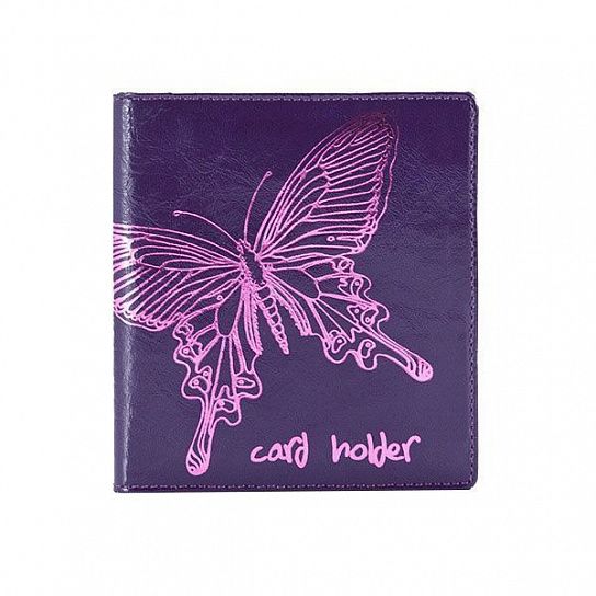 Визитница на 80 карточек ASKENT PARADISLAND, натуральная кожа, фиолетовая,  вертикальная, тиснение бабочка