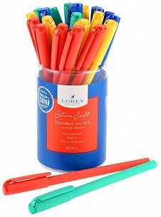 Ручка гелевая LOREX LX-BASE.BRIGHT, серия Slim Soft, 0,50 мм, синий, пиши-стирай, круглый прорезиненный корпус, ассорти