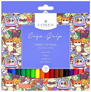 Фломастеры LOREX ERGO-GRIP COCKTAIL KITTENS 18 цветов, с трехгранным захватом, картонная упаковка