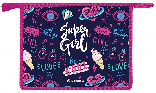 Папка для тетрадей 1 отделение А4 Schoolformat SUPER GIRL синяя, молния сверху, пластик, для девочек