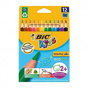Карандаши цветные утолщенные BIC EVOLUTION TRIANGLE, пластиковые, 12 цветов, трехгранные, картонная упаковка