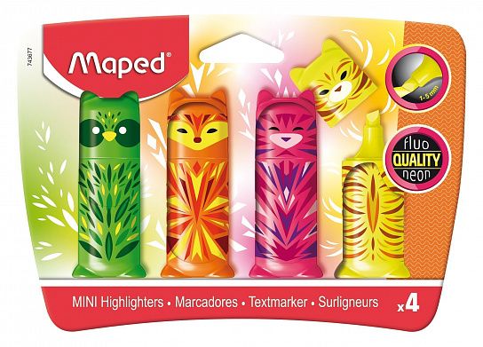 Набор текстовых маркеров MAPED FLUO PEP'S MINI FRIENDS декорированный, 1—5 мм, устойчивые к солнечному свету чернила, ассорти, 4 шт.