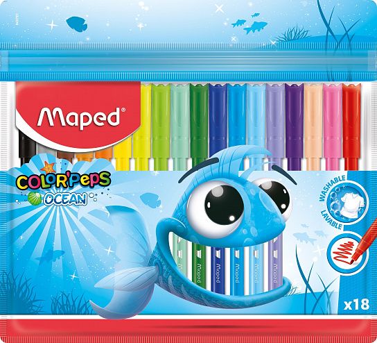 Фломастеры MAPED COLOR'PEPS OCEAN с заблокированным пишущим узлом - супер смываемые ,в пакете с подвесом 18 шт