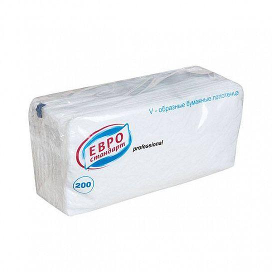Полотенца бумажные ЕВРОСТАНДАРТ, 1 слойные, V(ZZ)-сложение с тиснением, 21х24 см, 200 л., белые