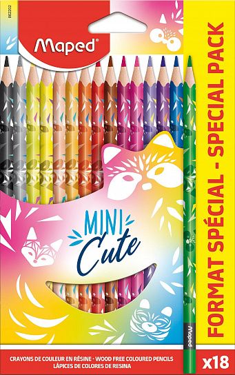 Карандаши цветные MAPED MINI CUTE пластиковые, 18 цветов, трехгранные, декорированные, в картонной коробке с подвесом