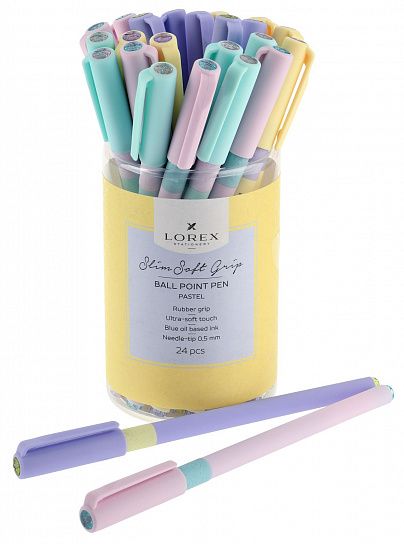 Ручка масляная LOREX PASTEL Slim Soft Grip синяя 0,5 мм, ассорти круглый корпус, покрытие ultra-soft touch, грип, игольчатый наконечник