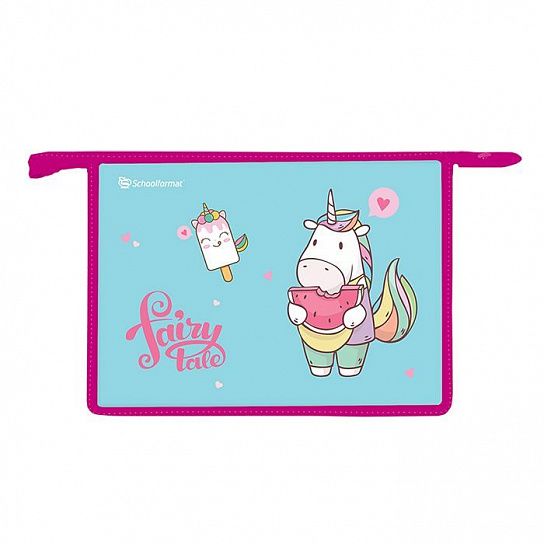 Папка для труда А4 широкая Schoolformat UNICORN FAIRYTALE голубая, картон, полиэстер, молния сверху, перегородка-органайзер, универсальная