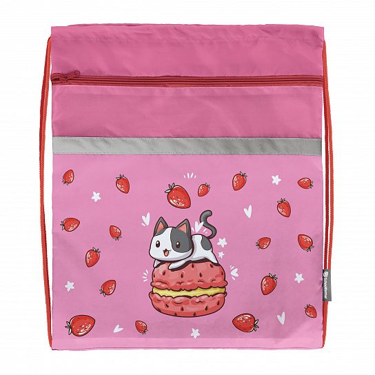 Мешок для обуви Schoolformat STRAWBERRY CAT 49х41 см, розовый, 1 отделение, с большим карманом на молнии, для девочек